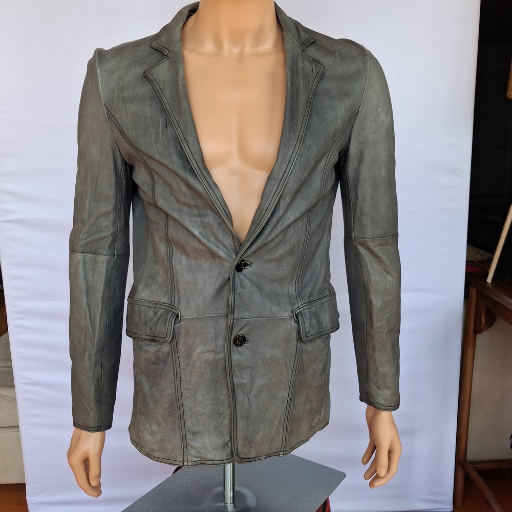 Pour Les Hommes Men Gray Leather Blazer Jacket Slim Fit X.Small 2 Button Closure